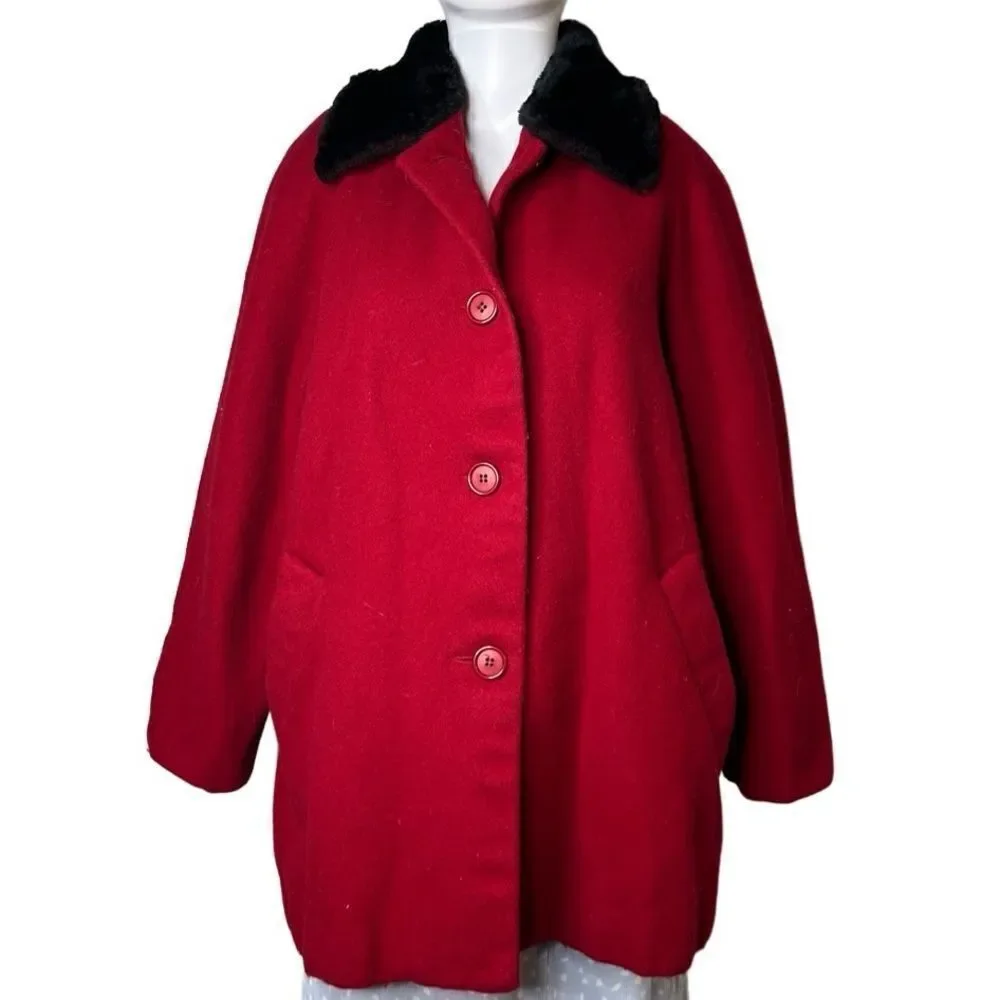 Kristen Blake Classics Faux Fur Collared Wool Pea Coat Red & Black Small